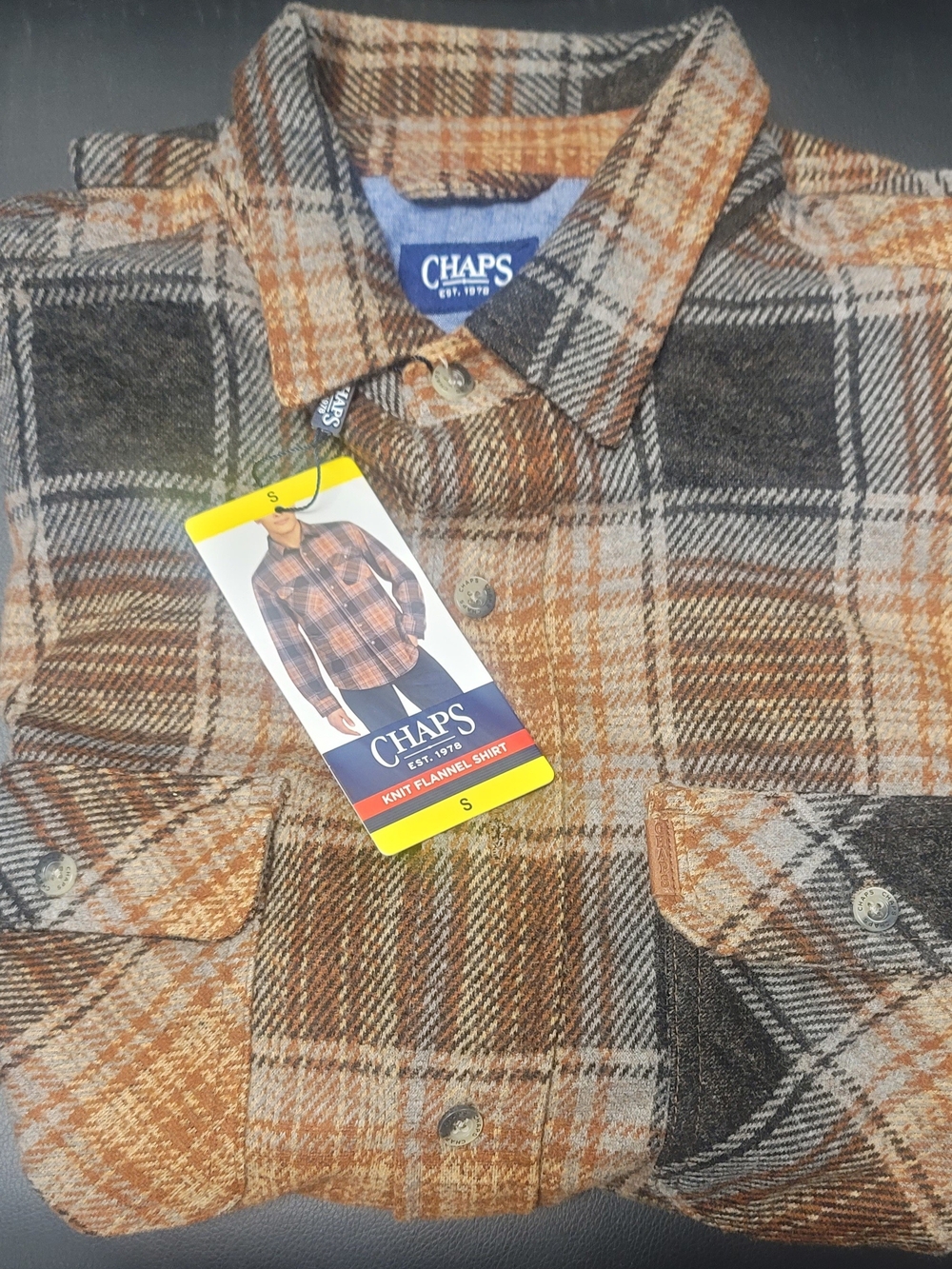 Chaps Plaid Knit Flannel Shirt in Rust, Brown & Cream
